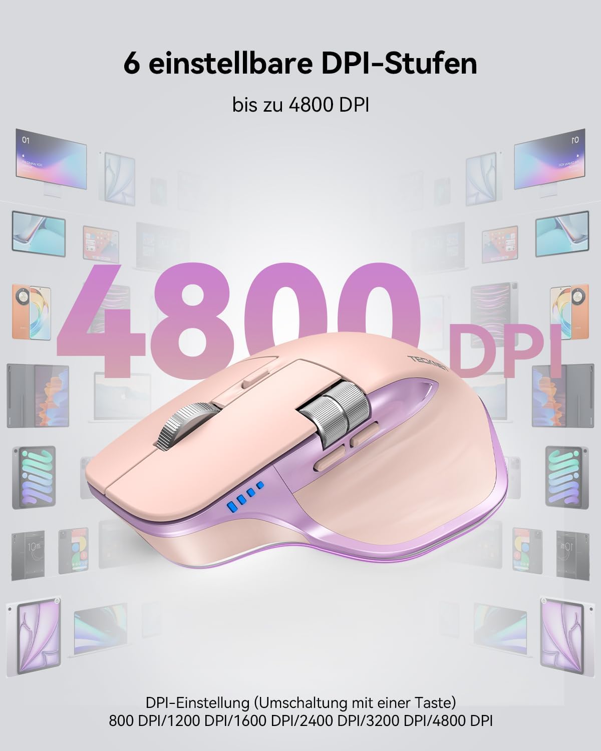 Thumbnail 6 de TECKNET Bluetooth Maus kabellos – BT5.3/5.0 + 2,4 GHz, seitliches Mausrad, 4800 DPI, 7 Tasten, USB‑C Aufladung, rosa (Rechtshänder)