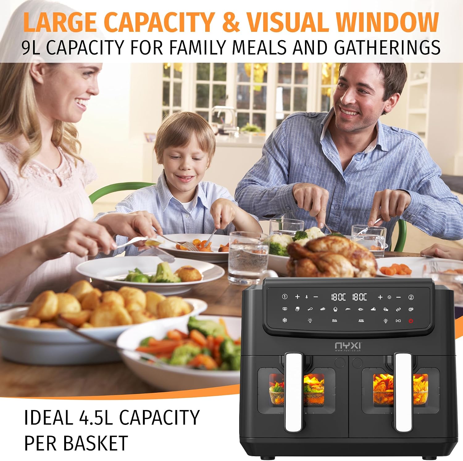 Detalle 2 de Nyxi Dual Basket Air Fryer 9L (4.5L each) with Visual Window, 13 Cooking Modes, Model 3867