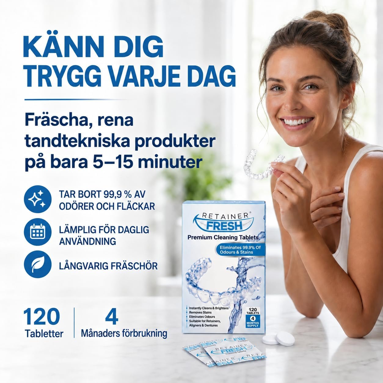 Detalle de Retainer Fresh 120tablets rengöringstabletter för tandskenor, proteser och bettskenor