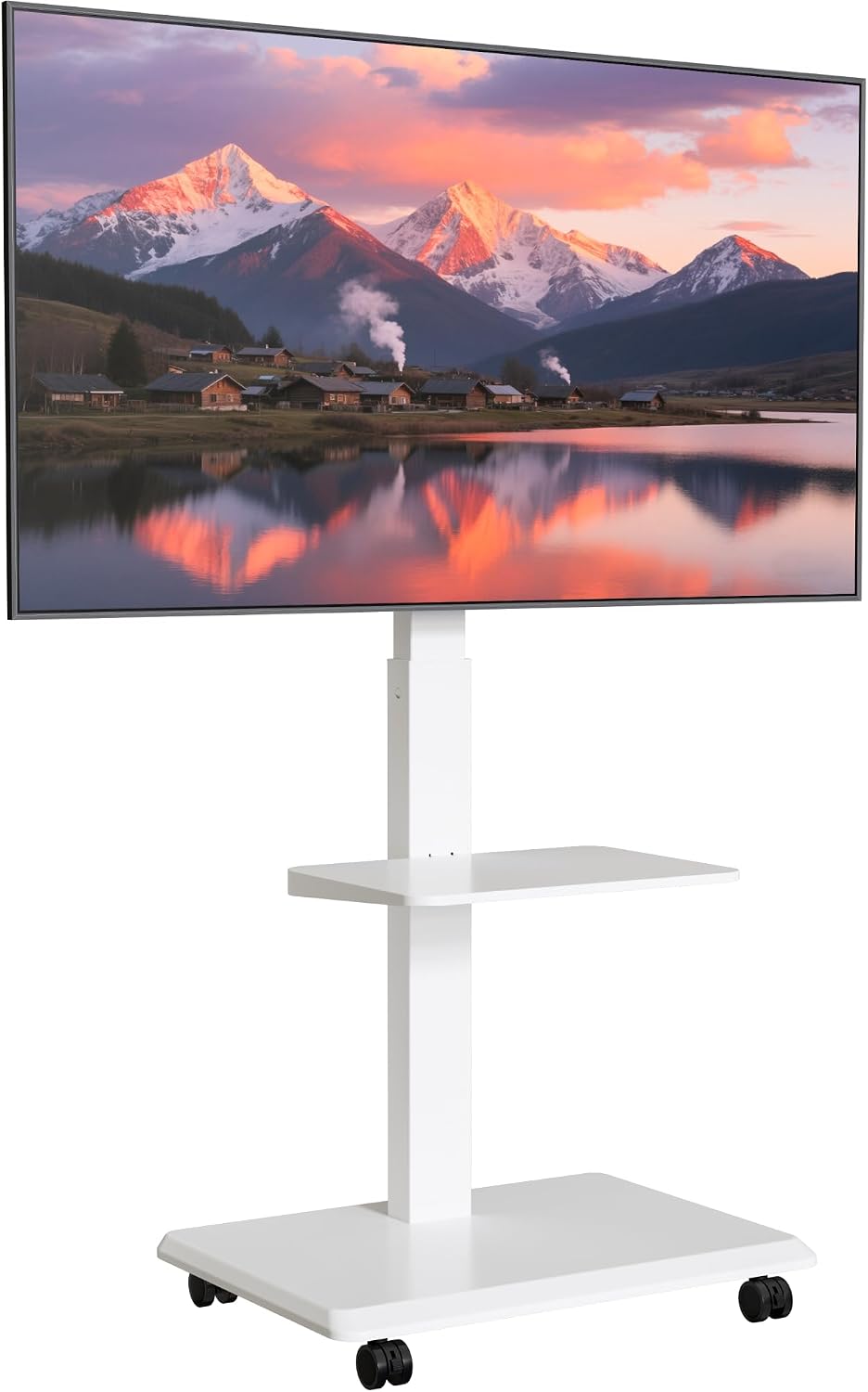 Detalle de ECOTINY TV Ständer Rollbar aus Stahl für 37–75 Zoll – höhenverstellbar, schwenkbar, neigbar, Kabelverwaltung, Weiß