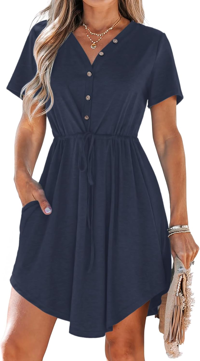 Detalle de MISFAY Women's V-Neck Mini Dress with Short Sleeves, Drawstring & Pockets