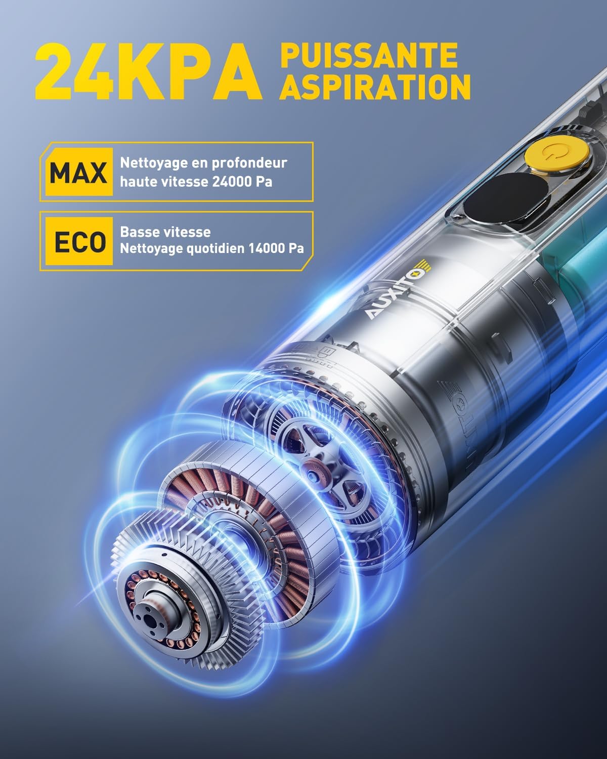 Detalle 2 de AUXITO Aspirateur à main sans fil pour voiture 24000 Pa (4-en-1) avec outils animaux et charge USB‑C