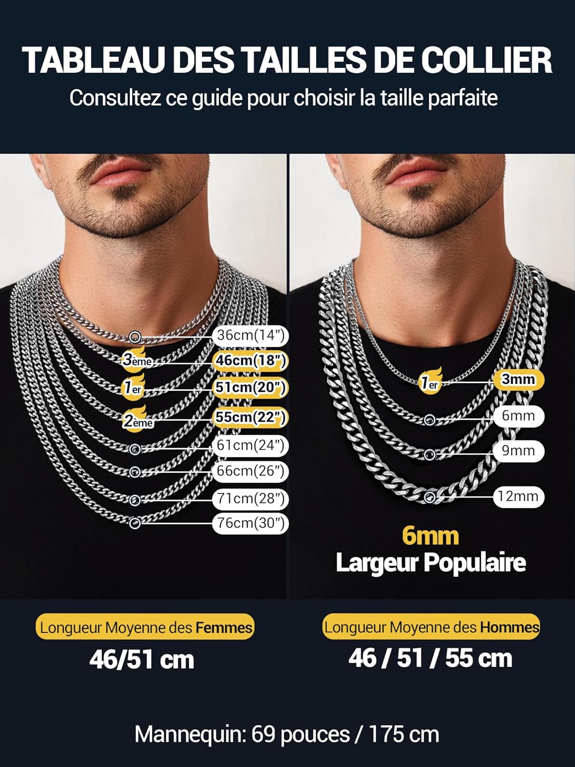 Thumbnail 5 de PROSTEEL Chaîne cubaine pour homme et femme en acier inoxydable plaqué or (3/6/9/12 mm) – longueurs 36 à 76 cm