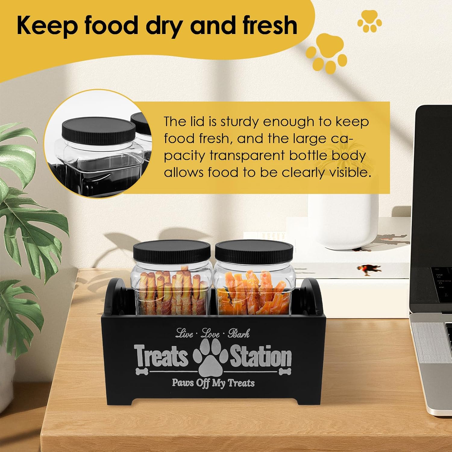 Detalle 2 de NIHUIFDPY Dog Treat Container – Farmhouse Wood Pet Food Storage with 2 Plastic Jars (Black)