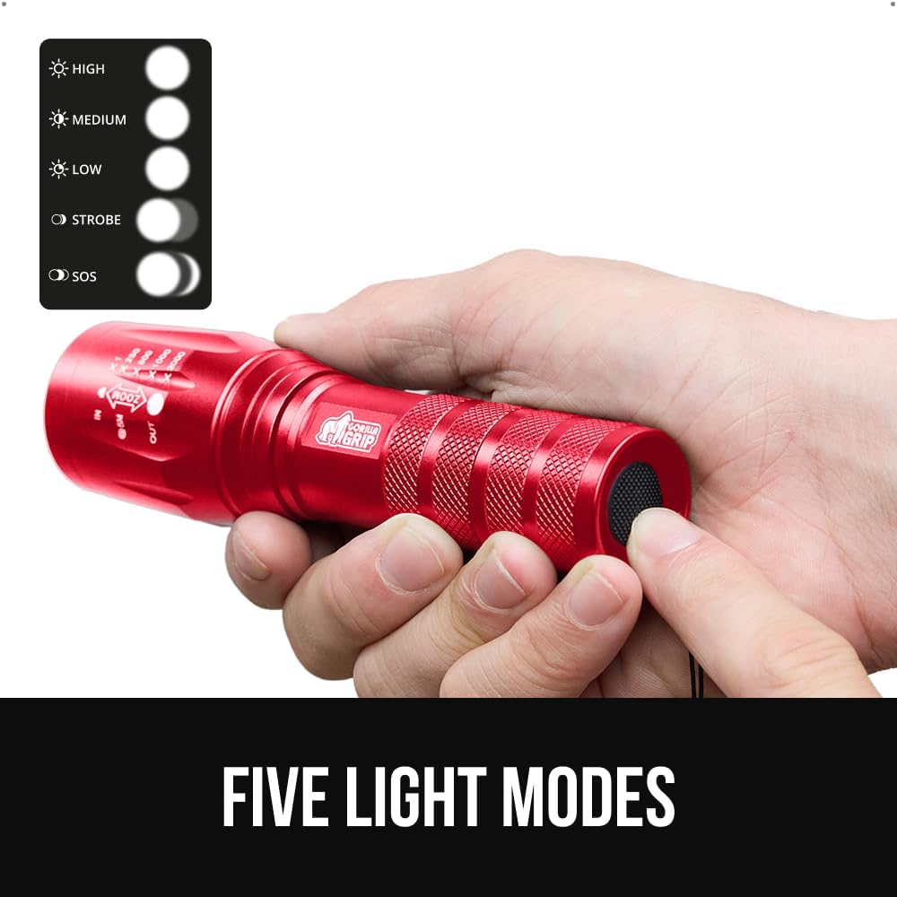 Detalle de GORILLA GRIP 840029670910 LED Tactical Flashlight, Red, 5 Modes, Zoomable