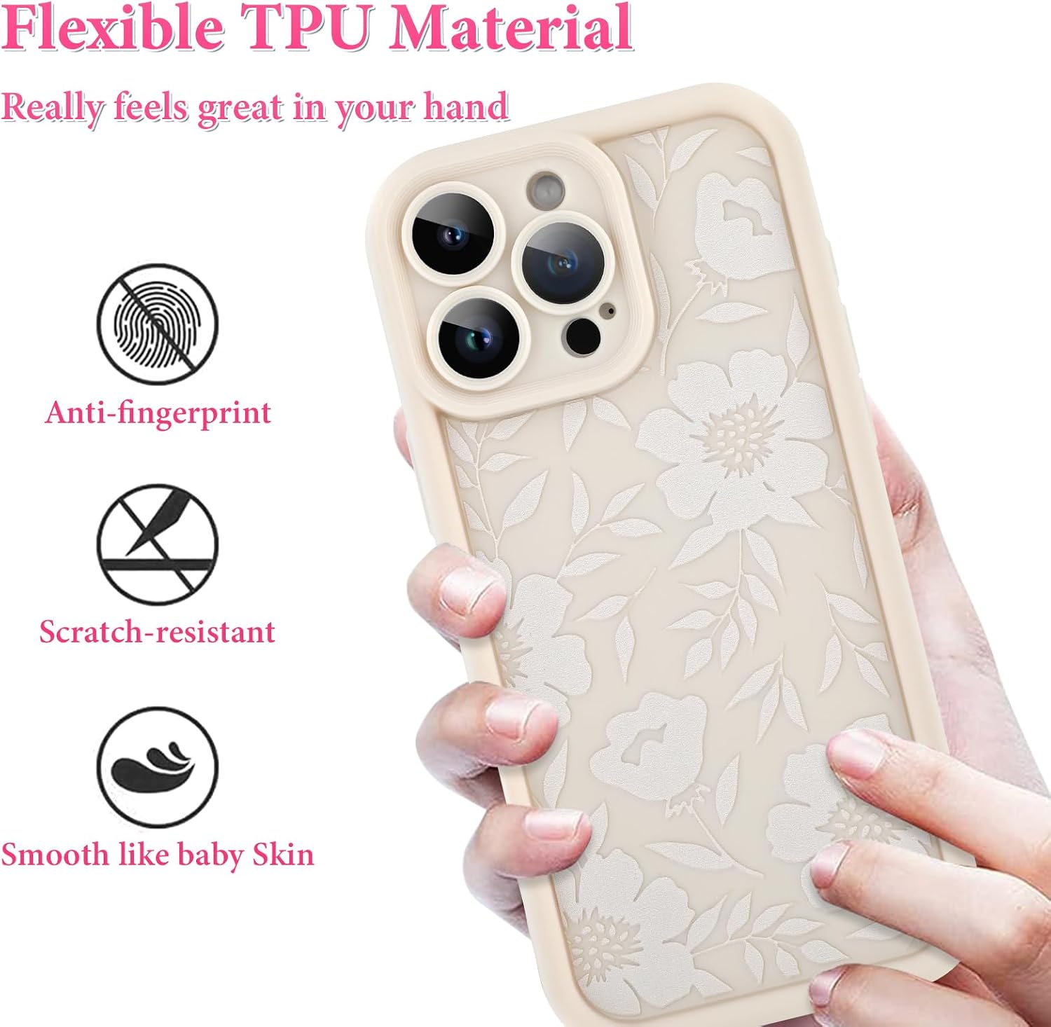 Detalle de OOK 64TYK-beigeflower-16pro Floral Silicone Case for iPhone 16 Pro, Beige
