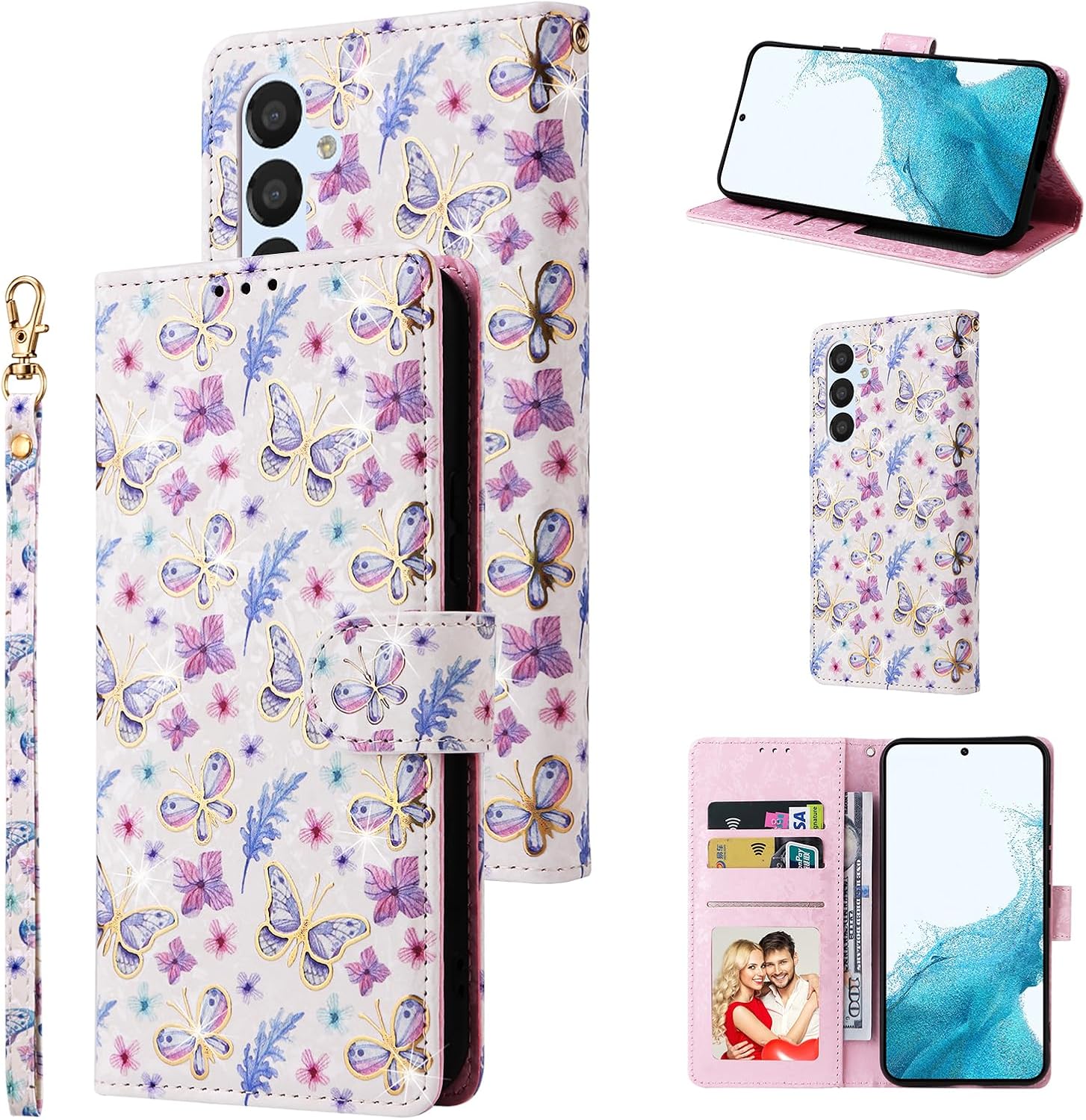 Detalle de UEEBAI Schmetterling Premium Leder Klapphülle für Samsung Galaxy A34 5G – RFID-Schutz, Magnetverschluss und Standfunktion