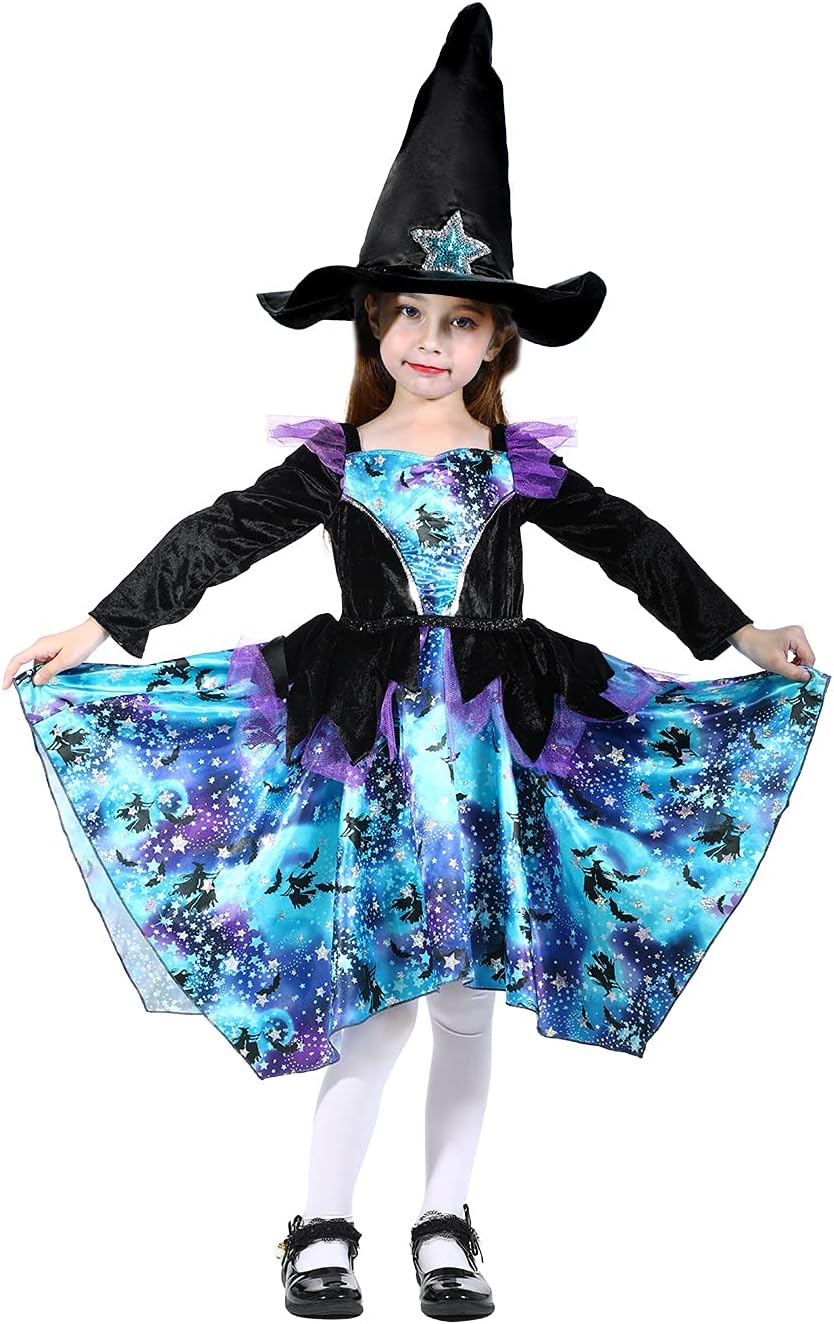 SPUNICOS Sparkle Witch heksenkostuum met blauwe glitterrok en hoed, 5-6 jaar