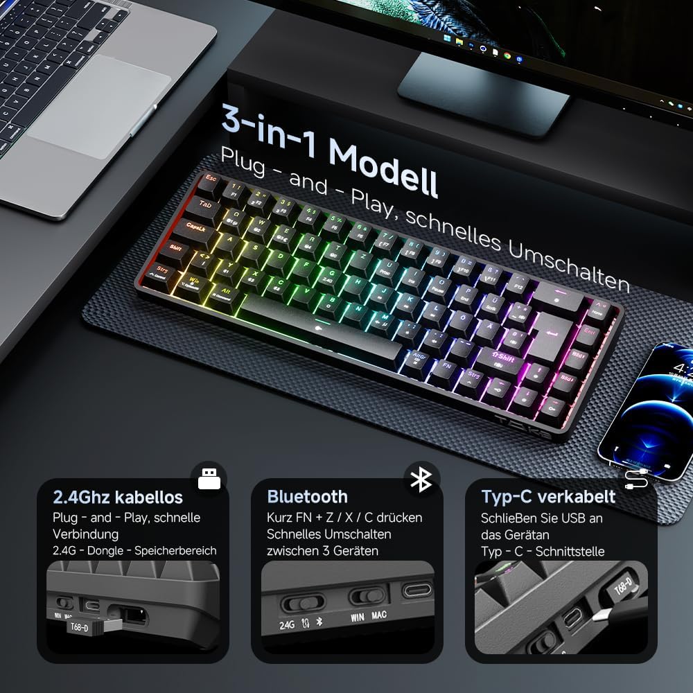 Detalle de TMKB T68 Gaming-Tastatur (68 Tasten) – kabellos via Bluetooth/2.4G, mechanische Blue Clicky Switch, QWERTZ