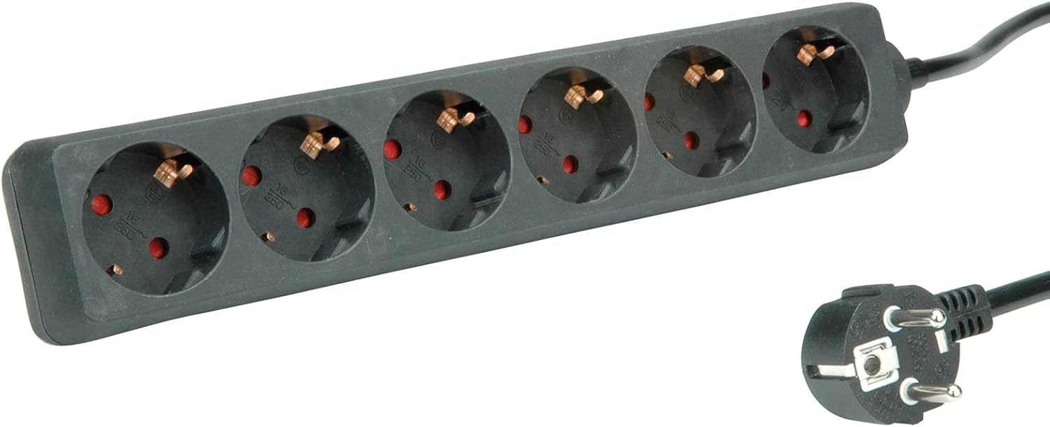 Detalle de ROLINE grenuttag med 3 uttag, 2 USB-portar och 6 m kabel
