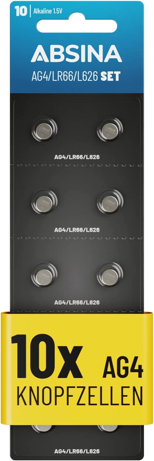 ABSINA AG4 LR66 Knopfzelle 1,5V Alkaline – 10er Pack | Auslaufsicher, langlebig