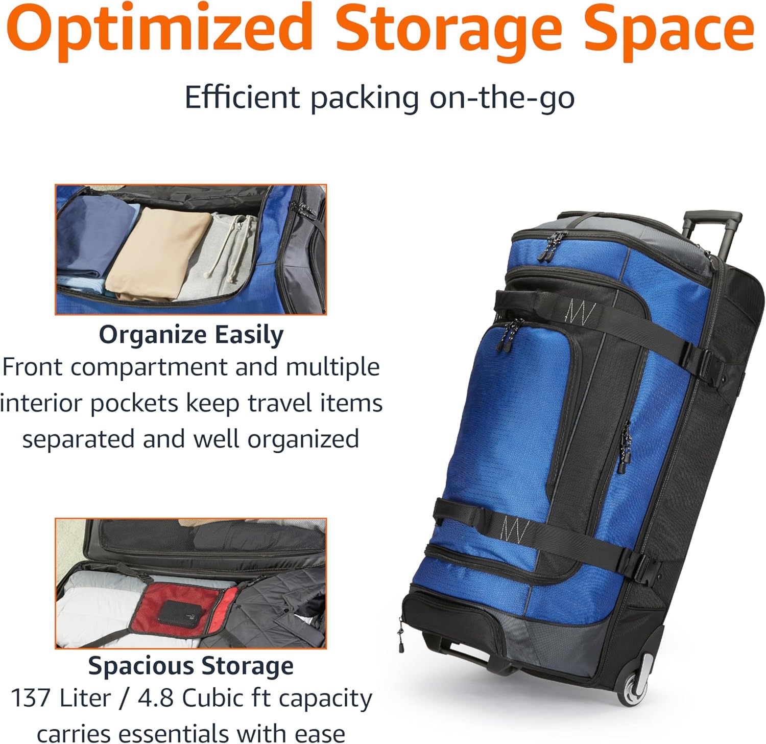Detalle de Amazon Basics Rolling Travel Duffel Bag, 137L – Lightweight, Durable and Practical for Travel