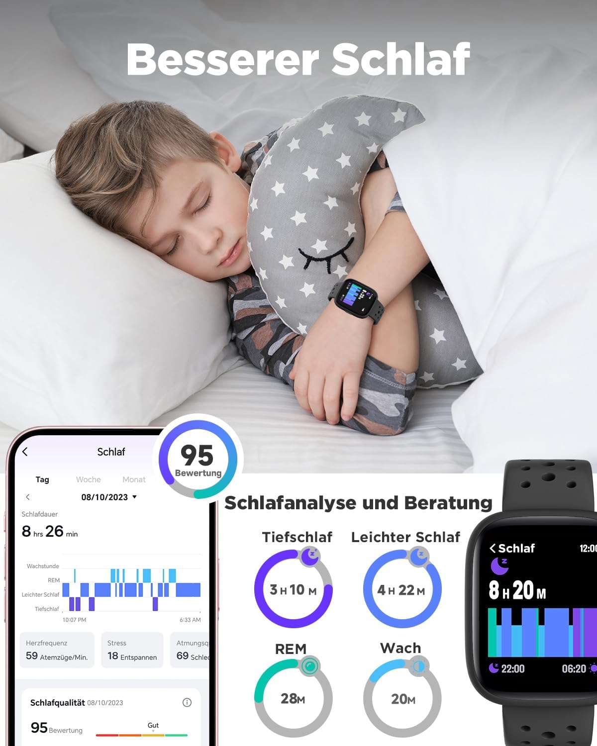 Detalle 2 de BIGGERFIVE Smartwatch Kinder BRAVE 2 (1,8" Fitnessuhr) mit 24/7 Puls, Schlafmonitor & IP68