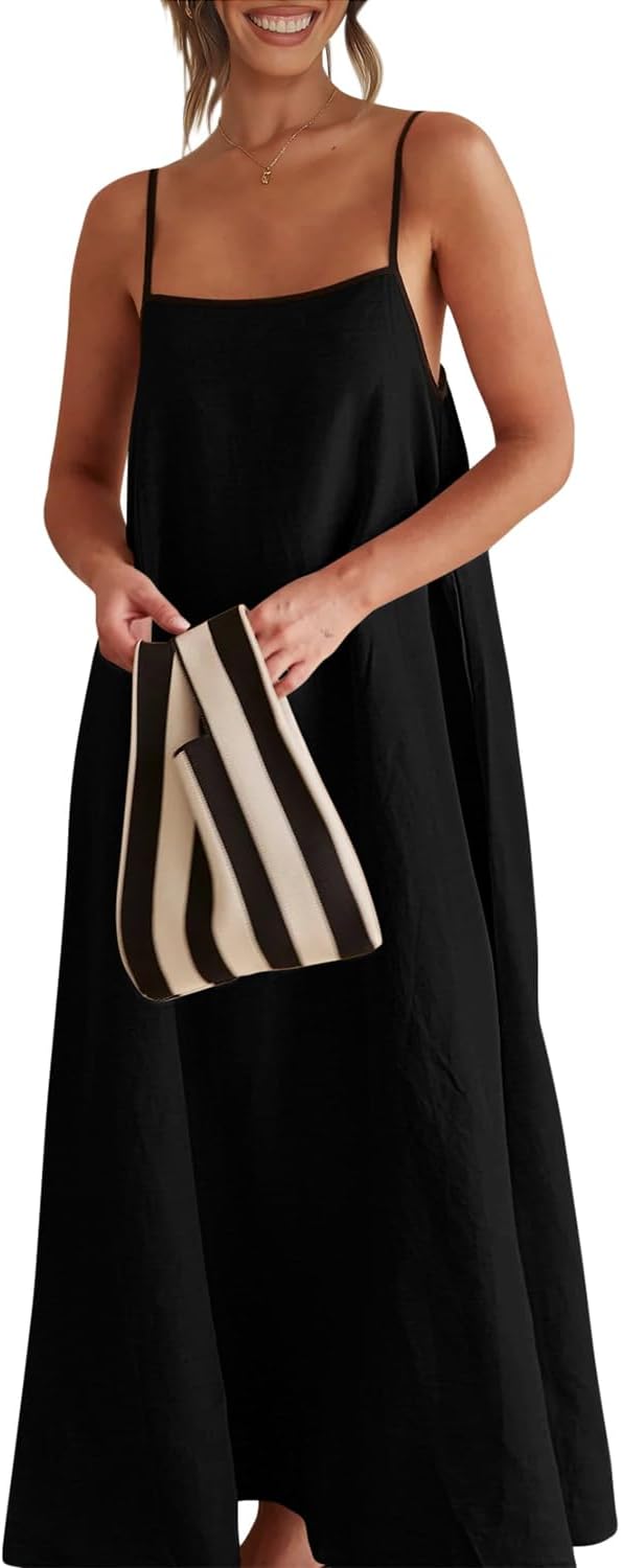 Detalle de Shy Velvet 2026 Summer Linen Maxi Dress with Contrast Spaghetti Straps