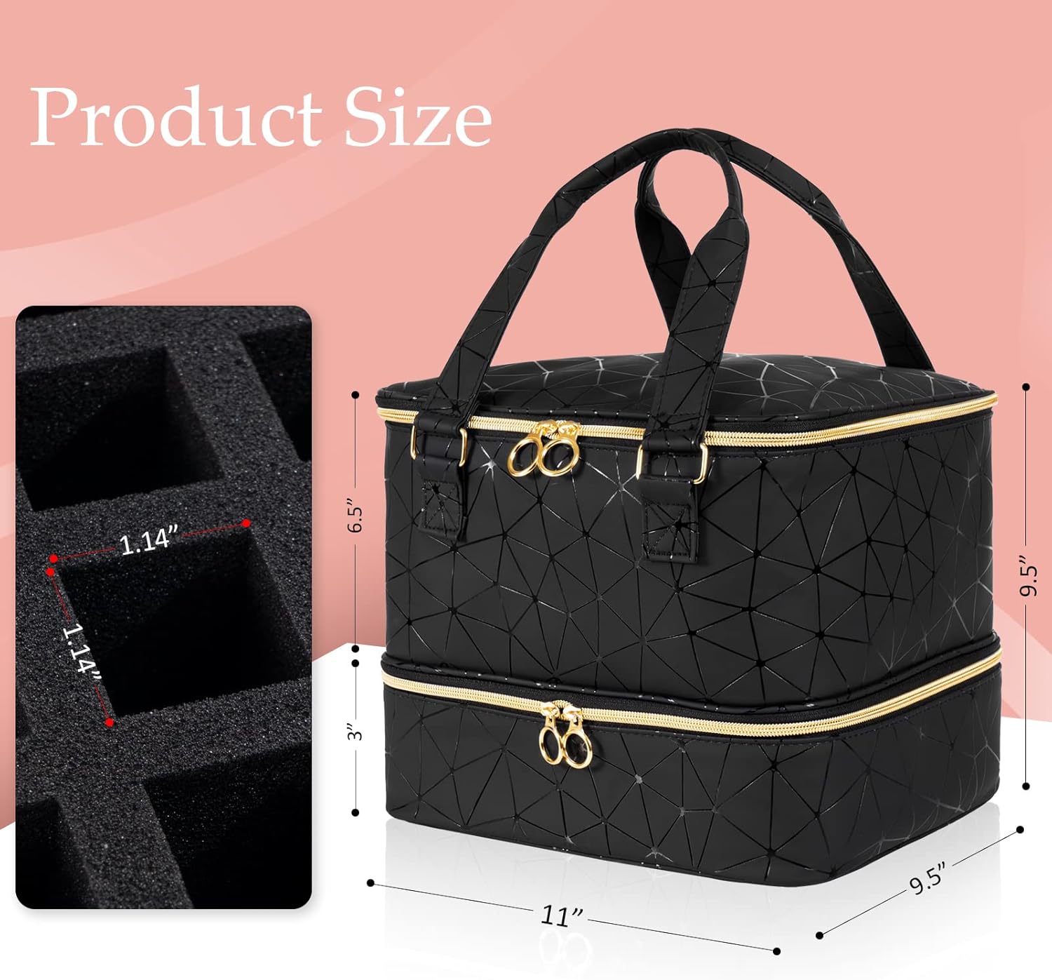 Detalle 1 de Uross Nail Polish Organizer Bag (holds 42 bottles) — Black nail storage case for polish and nail tools