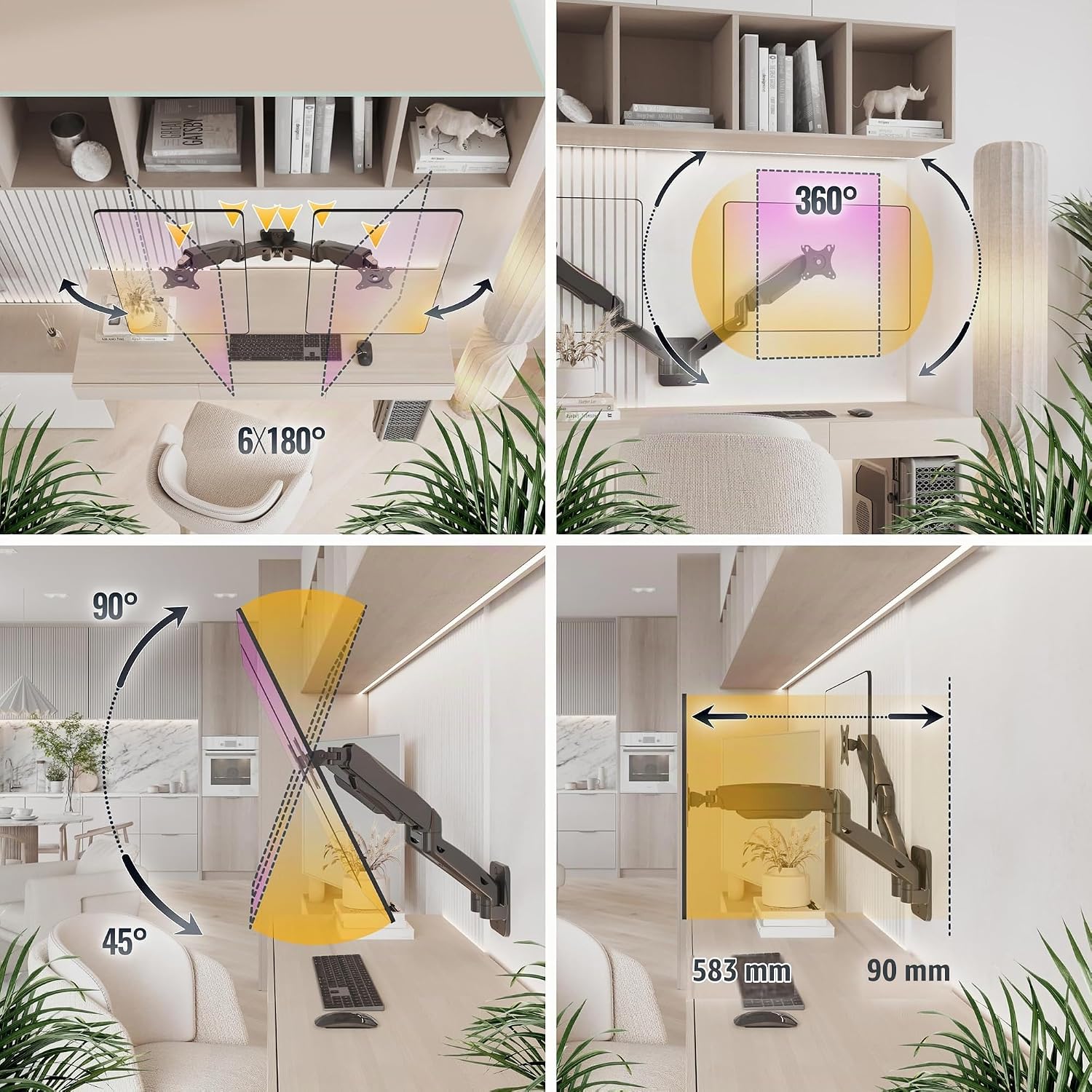 Detalle de RICOO S4711, podwójny uchwyt ścienny do monitorów 17–24", VESA, sprężyna gazowa