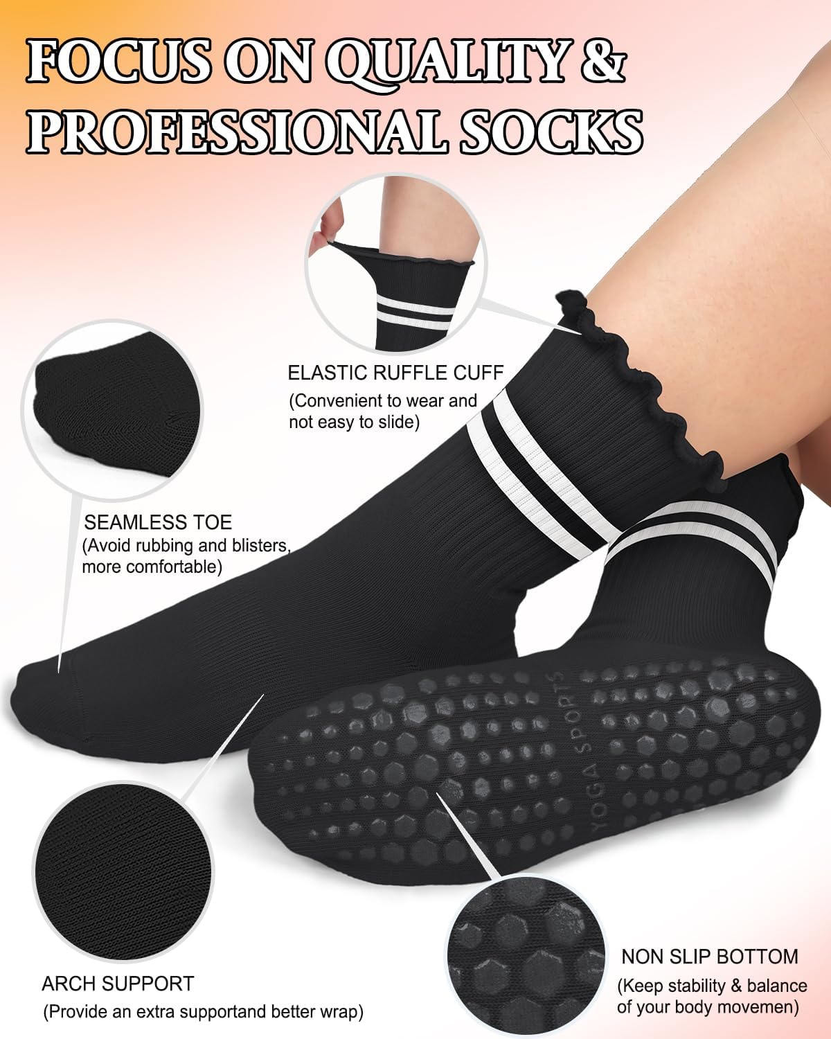 Detalle de YeuG Pilates Socks Non-Slip Grip, 6 Pairs