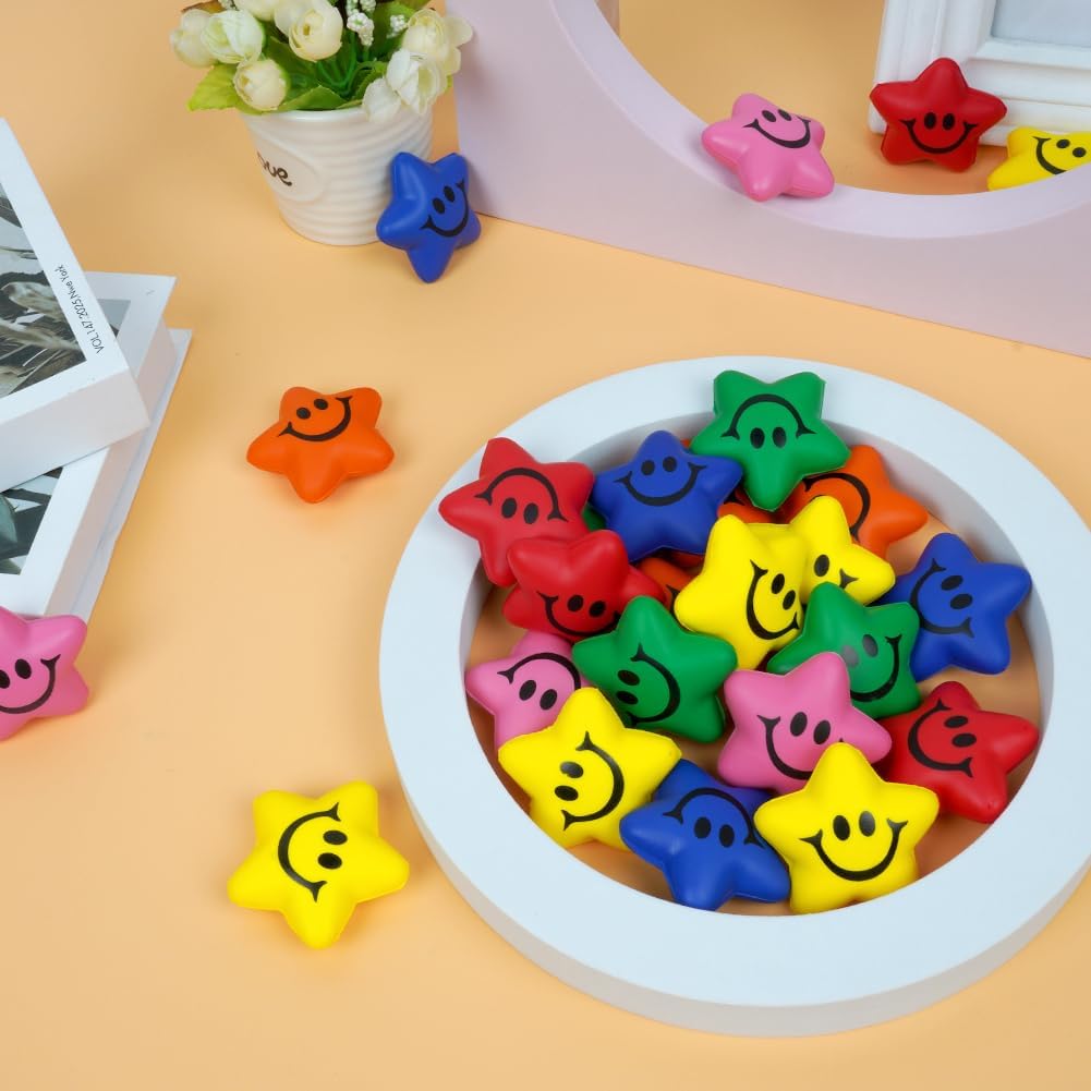 Detalle de Ainiv 24 Stück Stern-Stressbälle Schlüsselanhänger – bunte Schneeflocken aus PU-Schaum mit Smiley