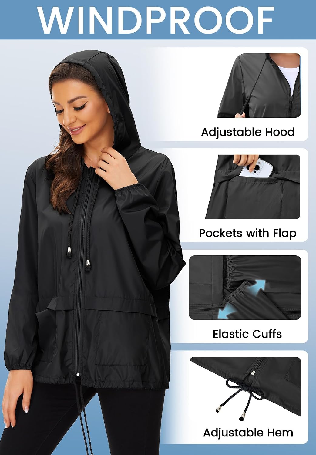 Detalle de Zando Lightweight Waterproof Rain Jacket for Women