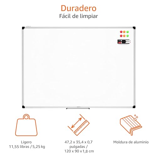 Detalle de Amazon Basics Pizarra Blanca Magnética con Marco de Aluminio 120 x 90 cm