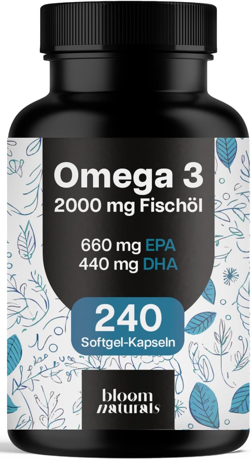 Detalle de Omega-3 Kapseln hochdosiert 2000 mg Fischöl – 240 Softgel-Kapseln mit 660 mg EPA und 440 mg DHA, hergestellt in Deutschland