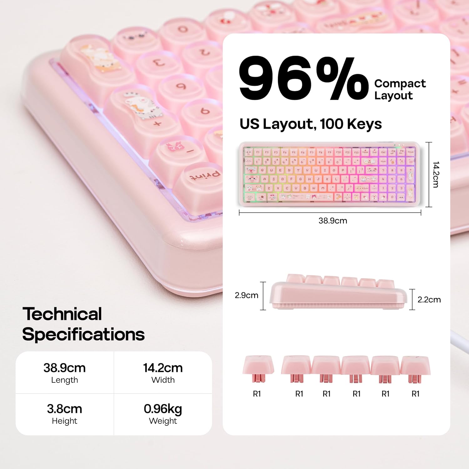 Thumbnail 6 de MechLands X Maorbeng X100 PRO Membrane Gaming Keyboard (96% Layout) with 5000mAh Battery, RGB Backlights, Wireless BT/2.4G, USB-C Wired — Pink
