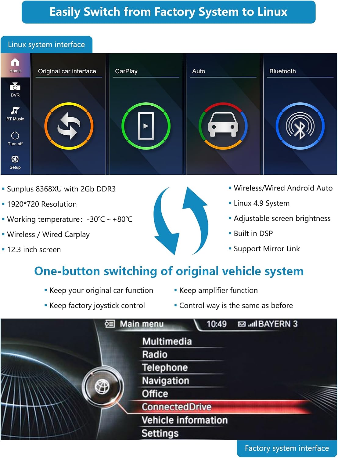 Thumbnail 5 de Ninetom 12.3-inch Touchscreen Car Stereo for 2012–2016 BMW 5 Series (F10/F11) with NBT, CarPlay, Android Auto and DSP
