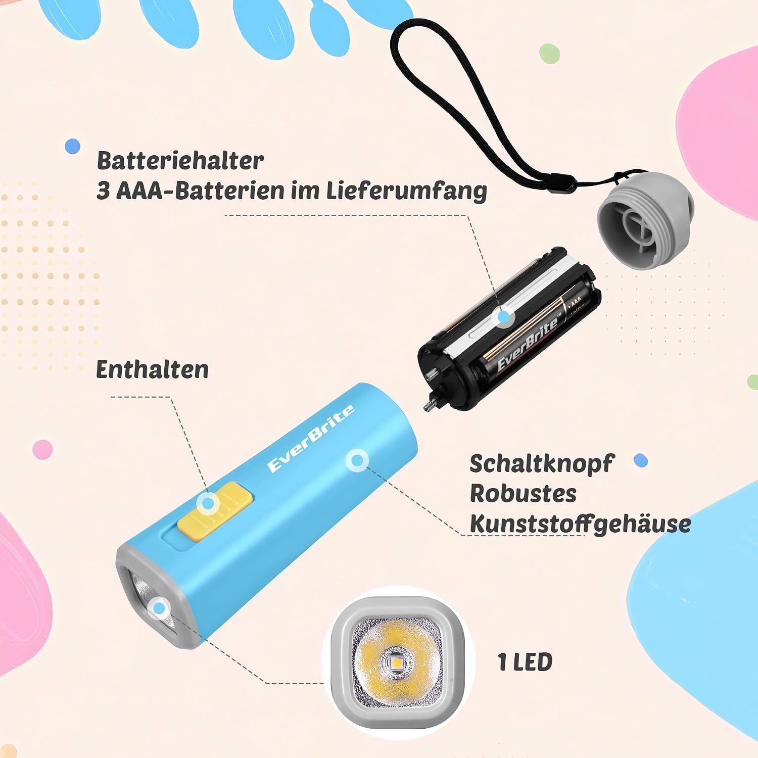 Detalle 2 de EverBrite LED Taschenlampe klein hellblau (Kunststoff, 1 W, für 3× AAA)