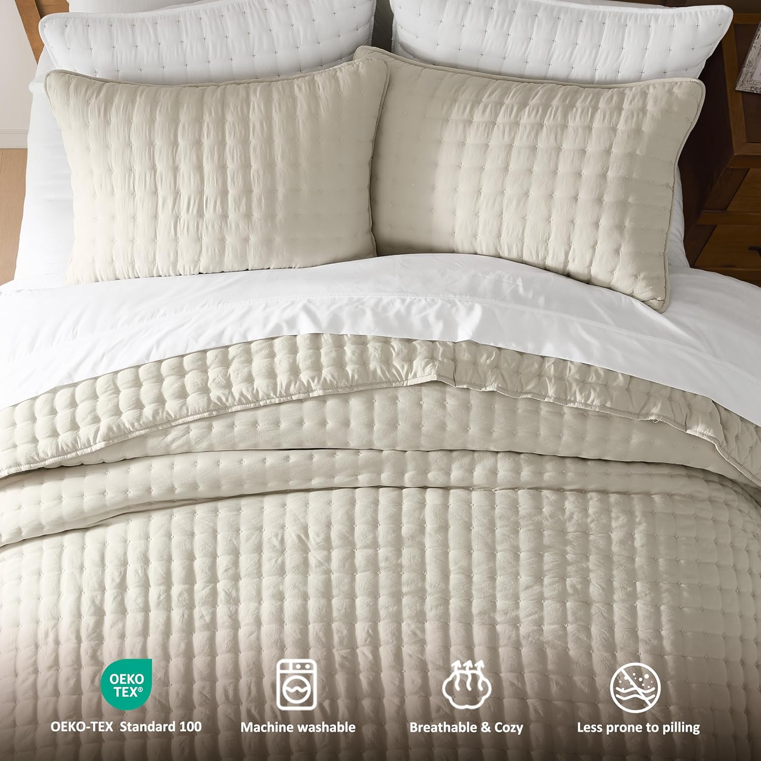Thumbnail 6 de WDCOZY Beige Queen Size Quilts Bedding Set (3 Pieces) – Lightweight Microfiber Quilt with 2 Pillow Shams