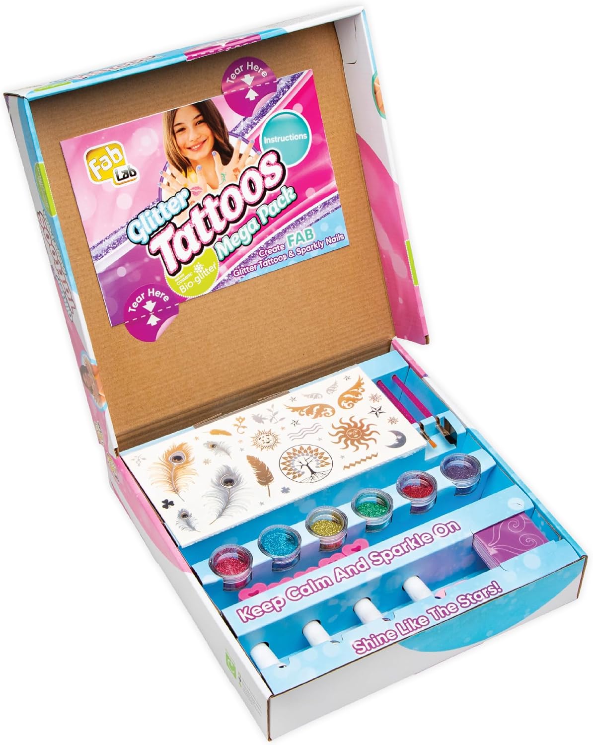 Detalle de FabLab Glitter Tattoos Mega Pack: 28 Stencils and 120 Metallic Tattoos for Sparkly Kids Fun