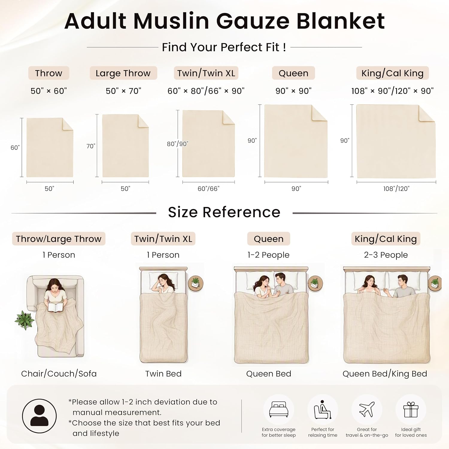 Thumbnail 5 de Love's Cabin 100% Cotton Muslin Blanket — 6-Layer Lightweight Gauze Throw (50 x 60 Inches) in Beige
