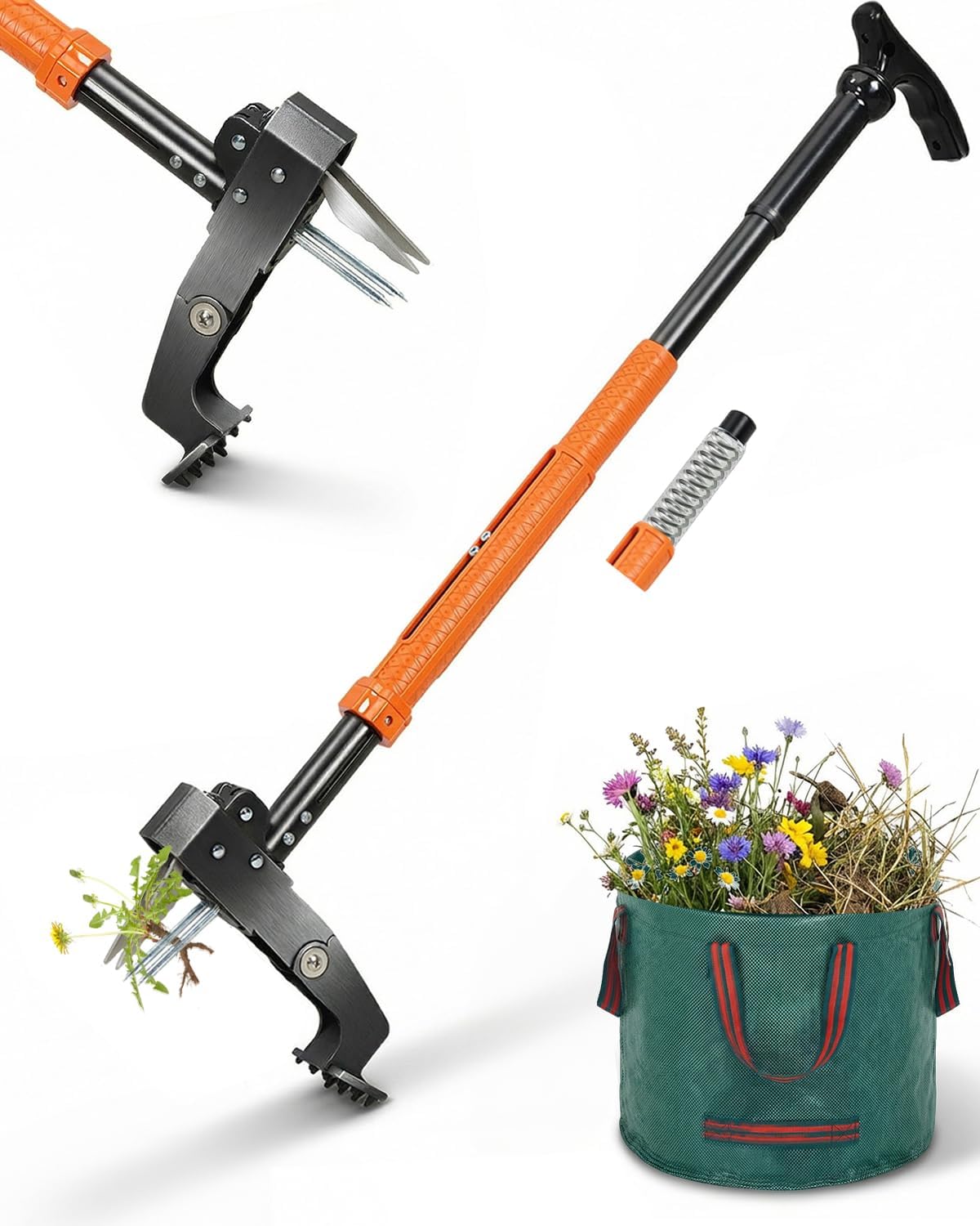 Detalle de FAUETI Weed Puller: Adjustable Stand-Up Weeding Tool with Ejector, 4-Claw Root Remover and 50L Leaf Bag