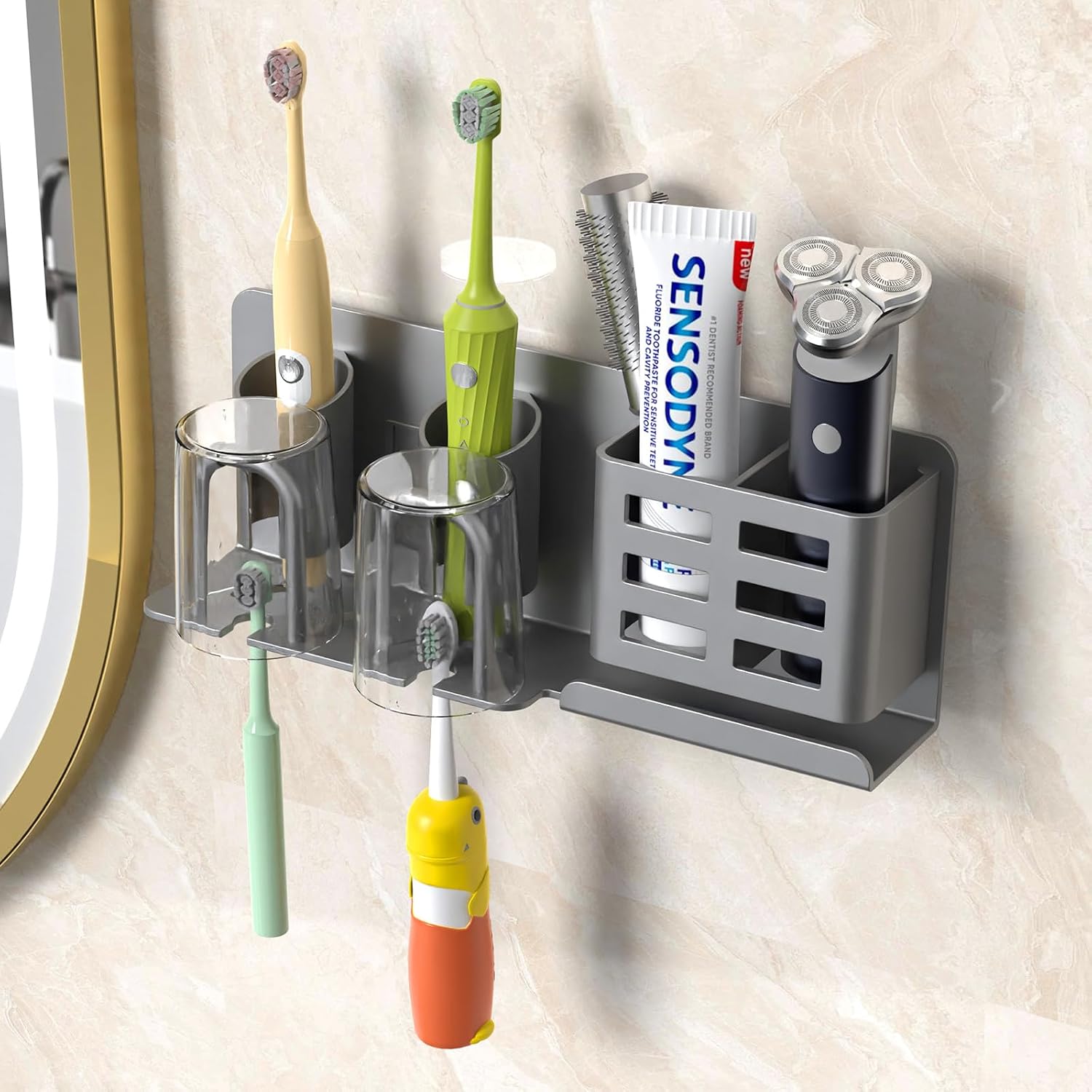 KEXIBO Support mural pour brosse à dents électrique sans perçage — aluminium gris, porte-gobelets inversés et rangement rasoir
