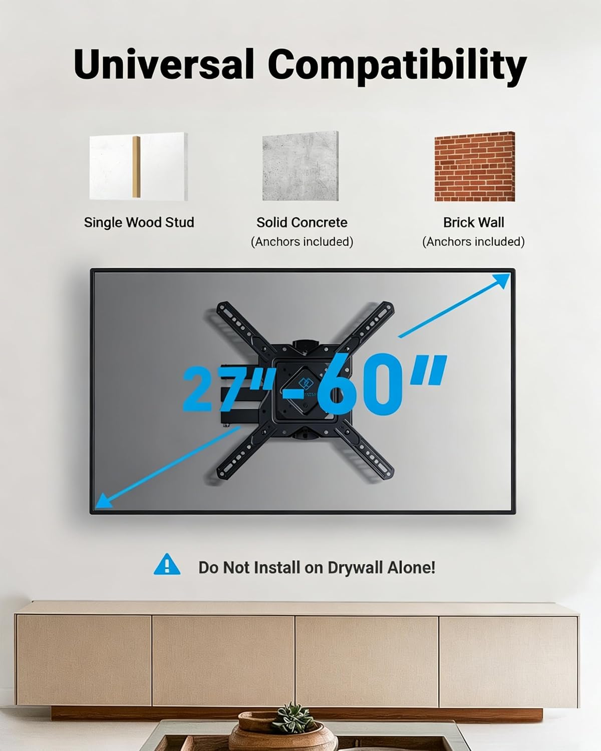 Detalle 2 de PERLESMITH Full Motion TV Wall Mount (27–60 in) for Flat & Curved TVs — Single Stud, VESA up to 400x400mm
