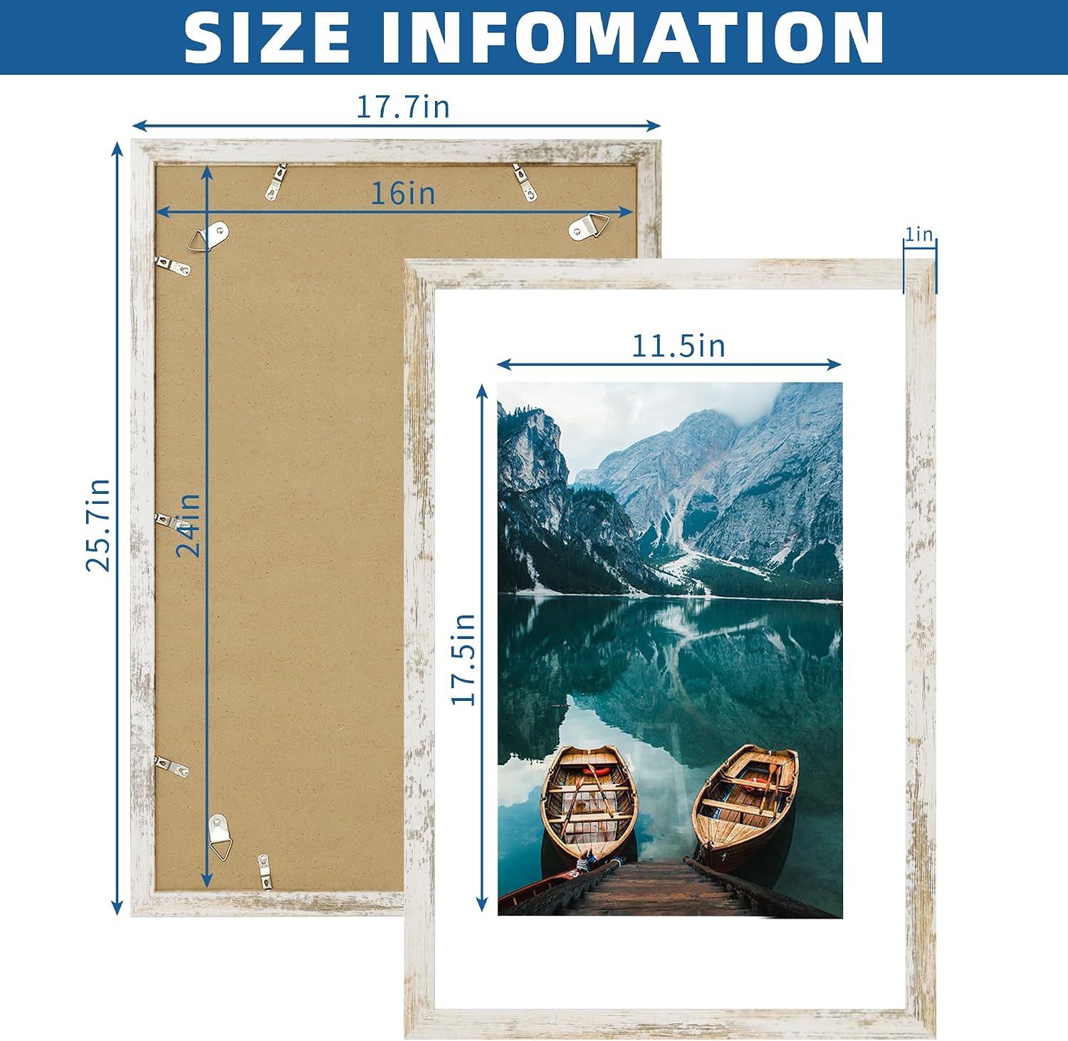 Detalle de Hongkee 16x24 Picture Frame Set of 2 (Distressed White Wood Style) for 12x18 or 16x24 Displays
