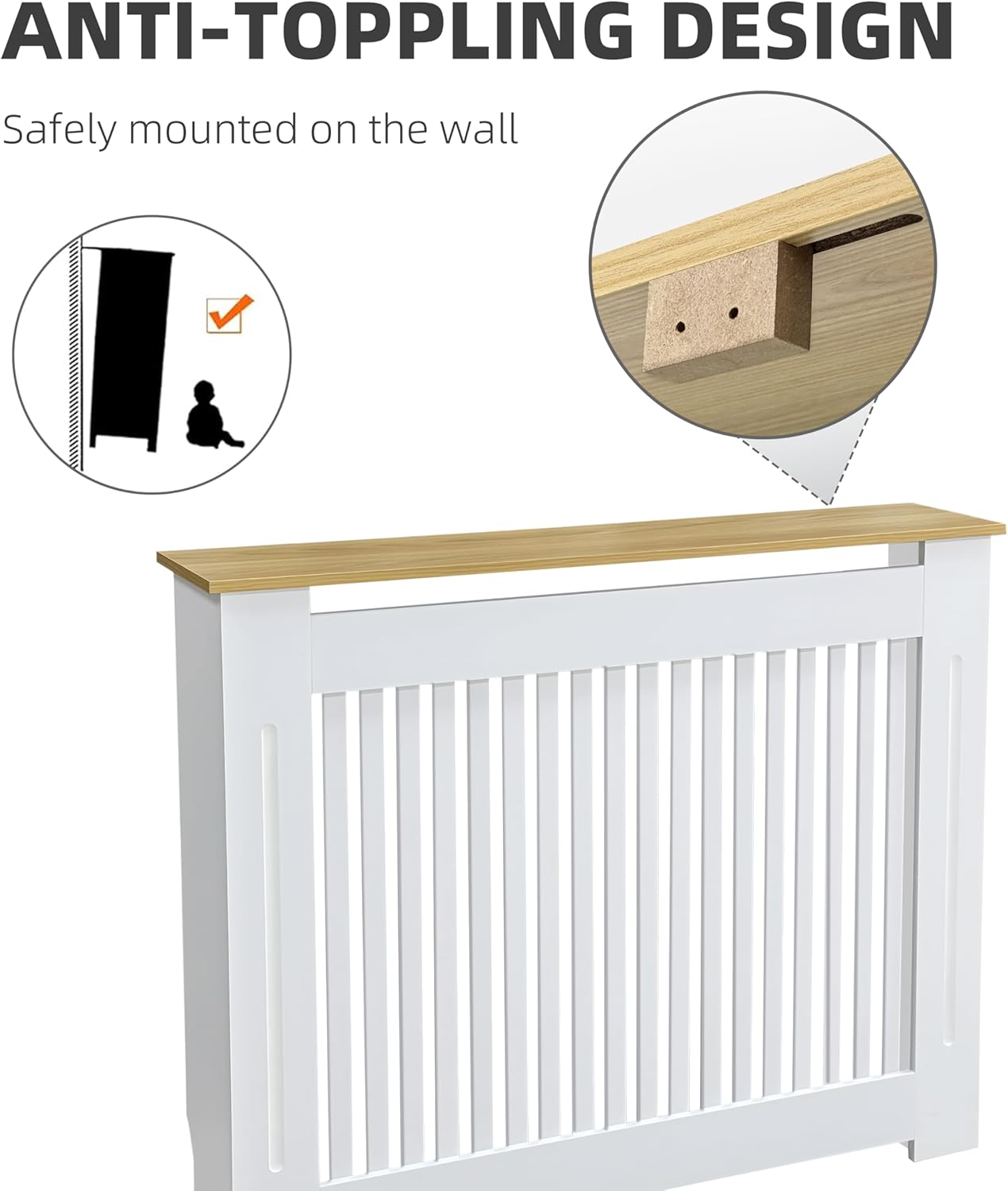 Thumbnail 6 de Tall Radiator Cover 92cm High with Wood Texture Nature Finish – MDF Slatted, Shelf Top, Self-Assembly