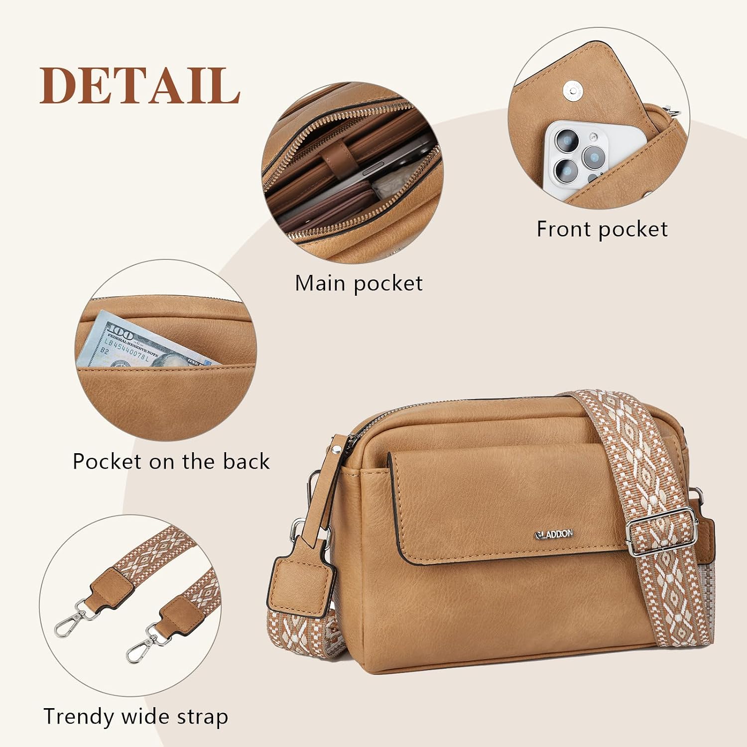 Thumbnail 3 de Gladdon sac bandoulière femme en cuir PU léger imperméable avec bandoulière amovible