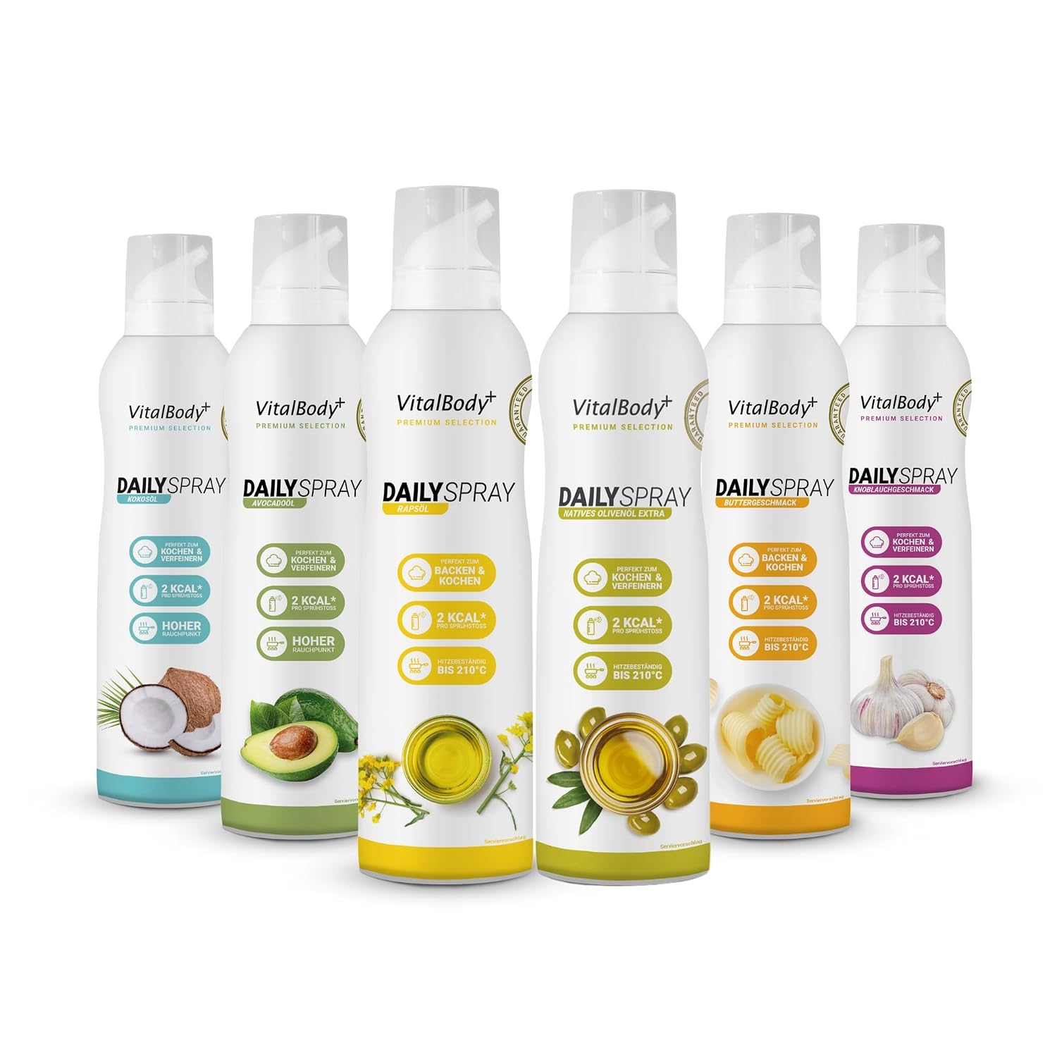 VitalBody+ DailySpray Probierpaket (6er Pack) – 2 kcal Ölspray für Airfryer, Braten & Grillen