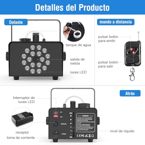 Detalle 2 de MOSFiATA Maquina de Humo Profesional 1200W con 18 LEDs RGB para Fiestas y Eventos