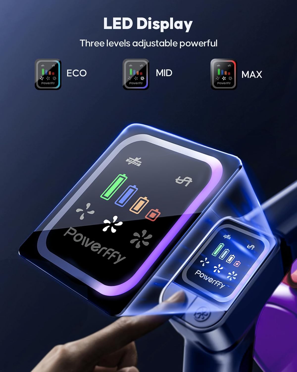 Thumbnail 6 de Powerffy Cordless Vacuum Cleaner (45KPa, 600W) – Green LED anti-tangle stick vacuum with 60-minute runtime, 1.8L dust cup