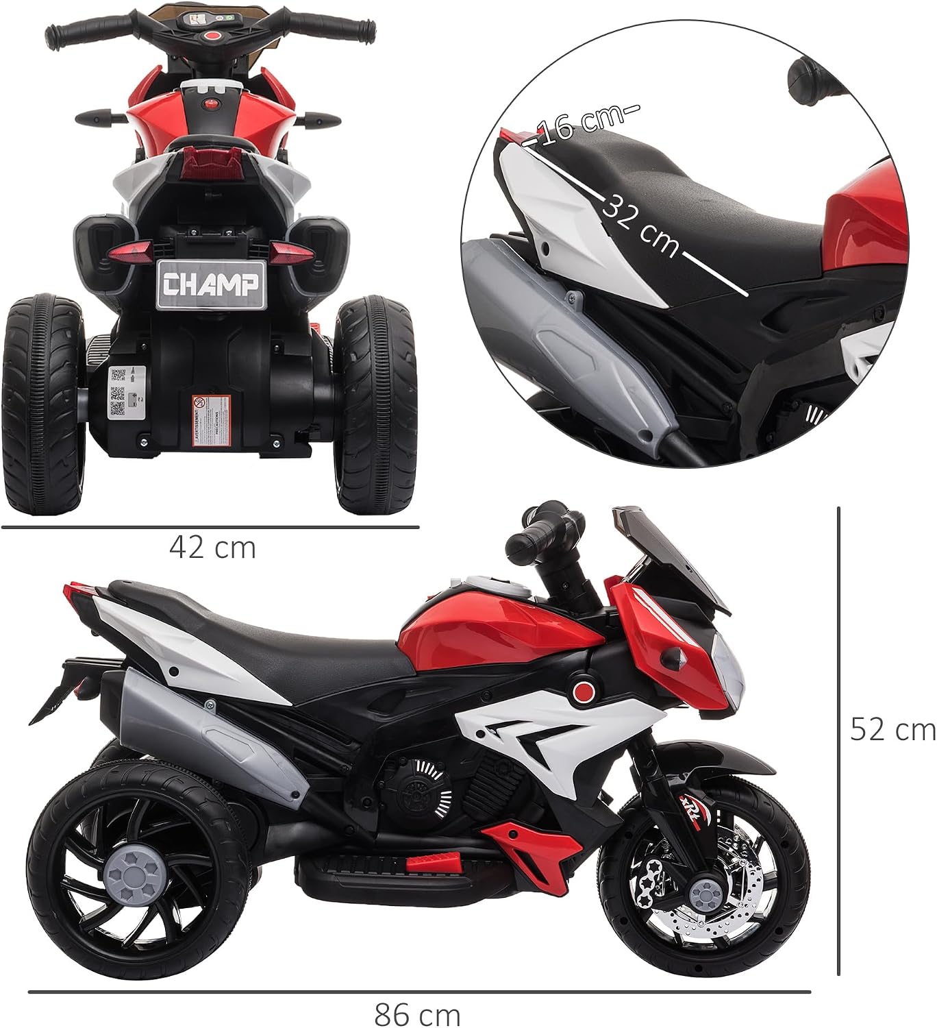 Thumbnail 6 de HOMCOM 370-103V90RD elektrische kindermotorfiets, 3 wielen, 6 V en lichteffecten
