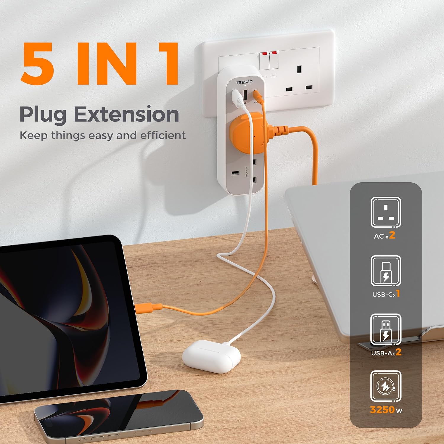 Detalle 2 de TESSAN 13A double plug adapter with 3 USB