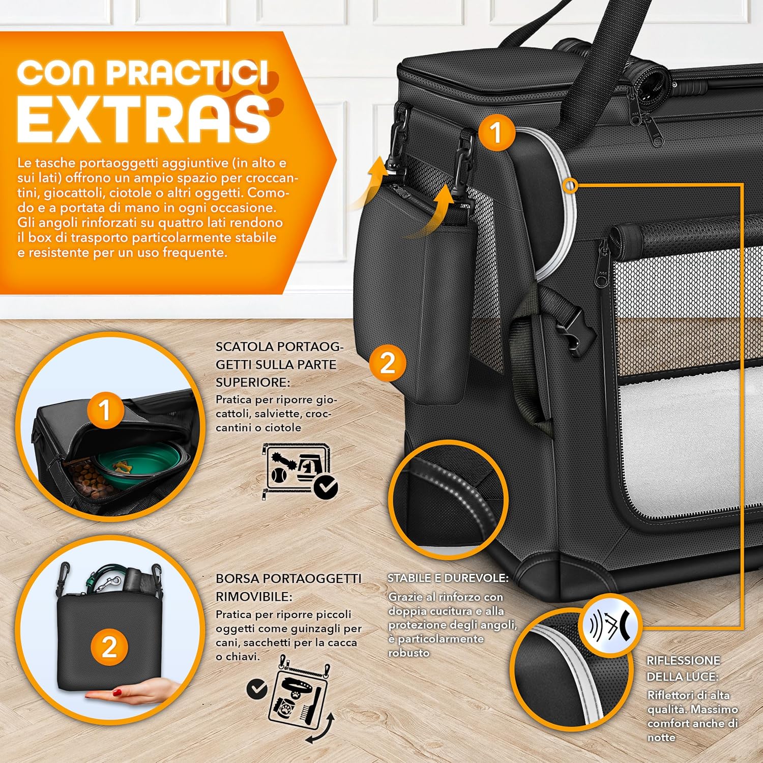 Detalle de TRESKO® Box per cani pieghevole con tappetino e spatola: trasportino robusto per cani e gatti di tutte le taglie (M, 61 x 42 x 42 cm) – nero