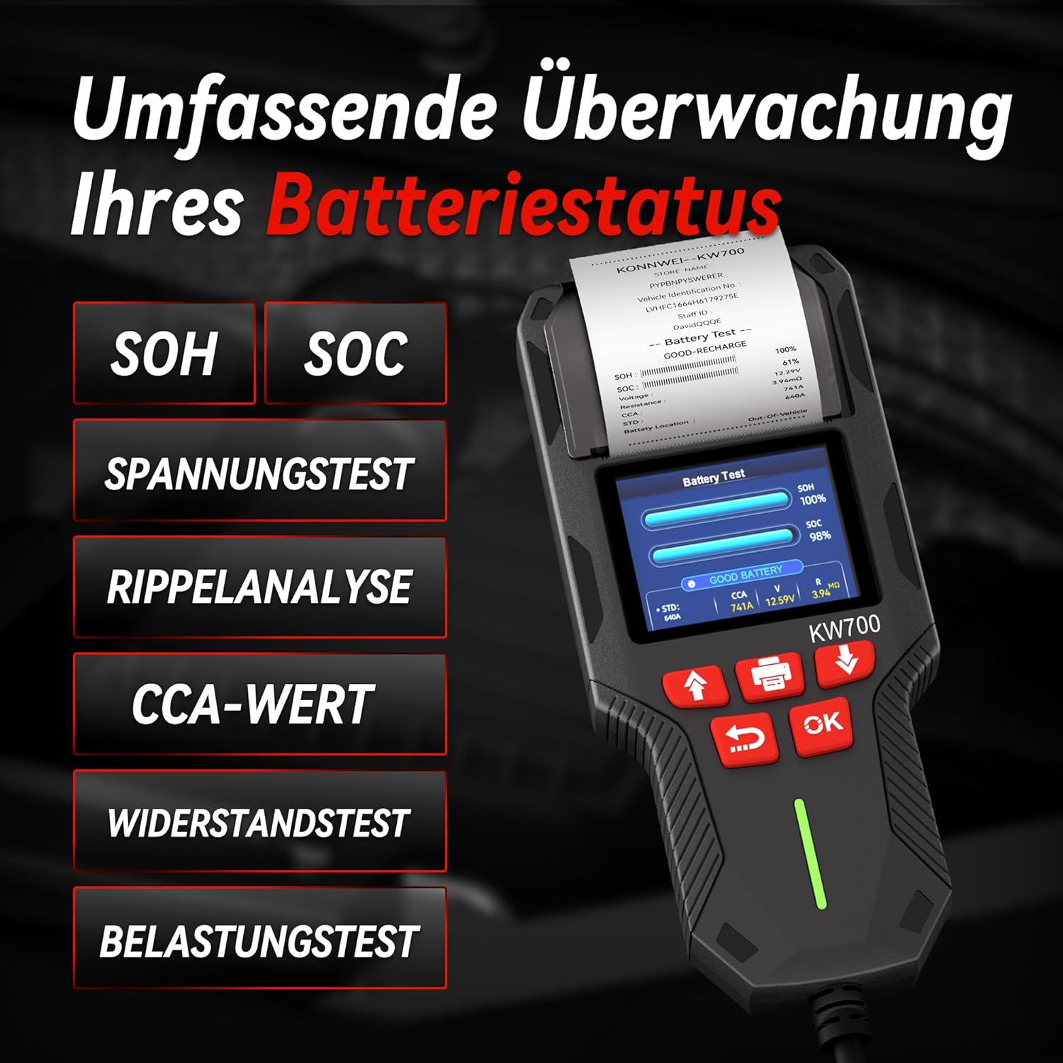 Detalle de KONNWEI KW700 Autobatterietester mit Drucker für 12 V/24 V (Anlass- und Ladetest, 10–2000 CCA)