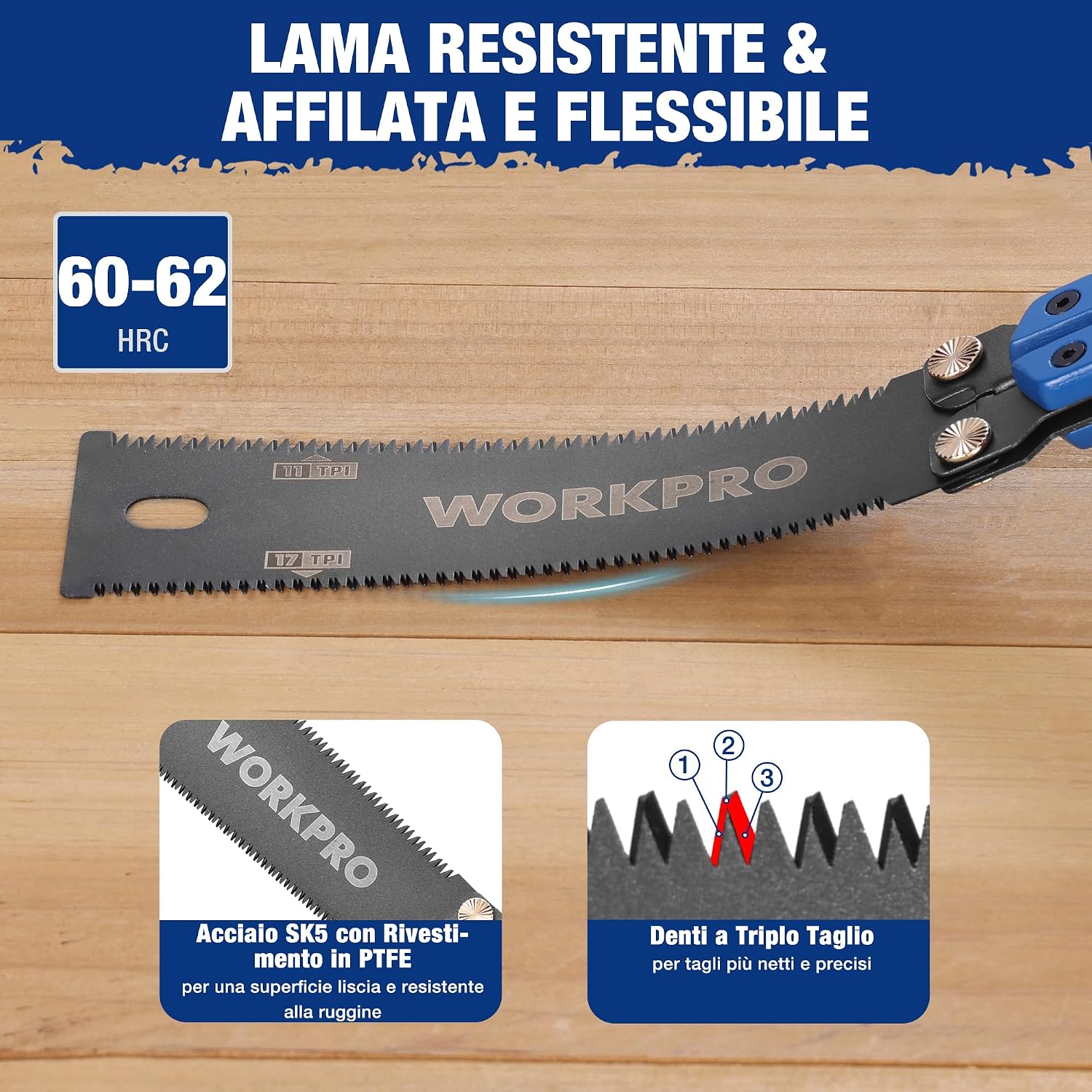 Detalle 2 de WORKPRO Sega Sega Giapponese Pieghevole 310 mm, Doppio Filo 11/17 TPI – Lama SK5, Manico in Faggio
