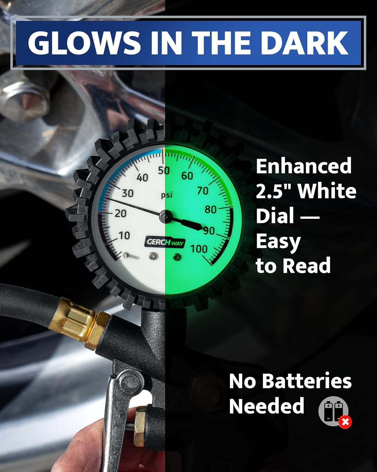 Thumbnail 5 de GERCHWAY Tire Inflator with Pressure Gauge – Large Glow Dial, Swivel Chuck, and 100 PSI capability