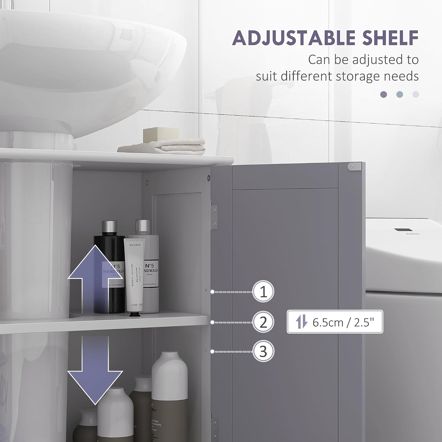 Thumbnail 5 de Meuble salle de bain sous lavabo kleankin (placard 2 portes avec étagère) en MDF gris & blanc