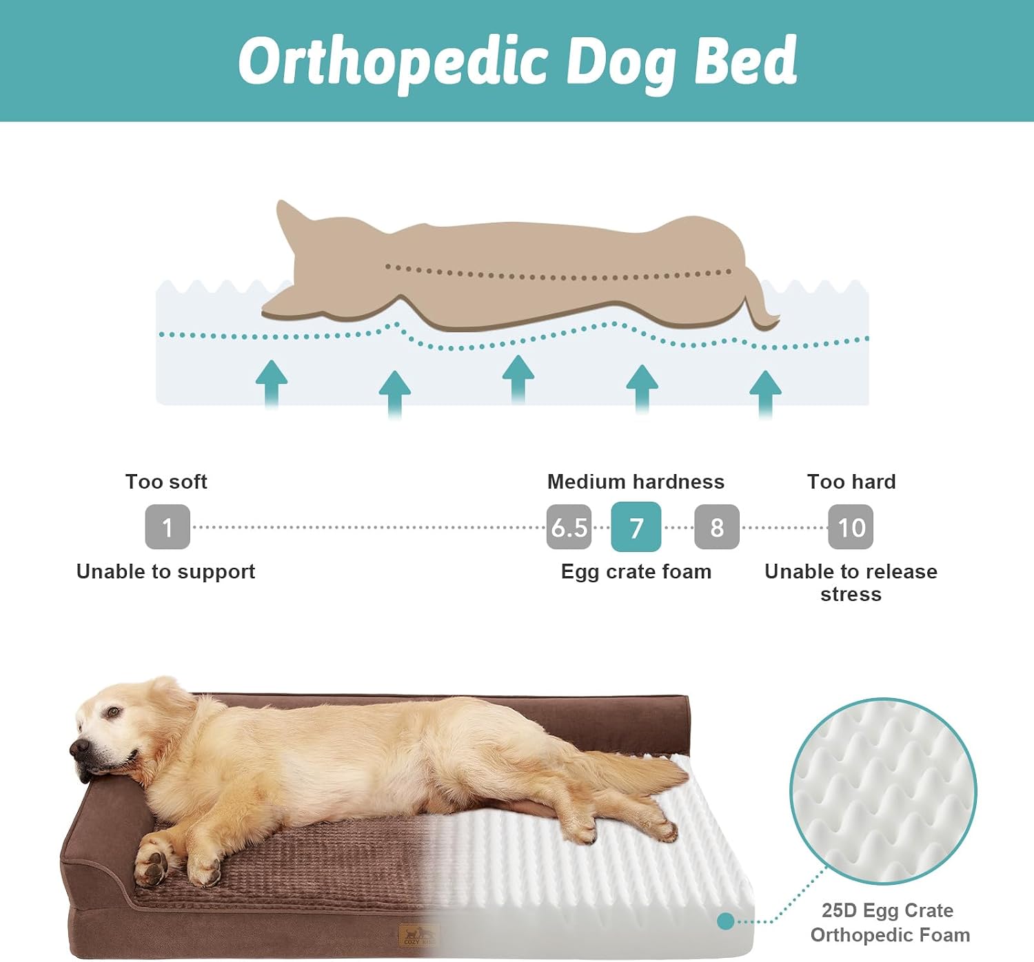 Detalle 2 de COZY KISS orthopädisches Hundebett für mittelgroße Hunde (U-Form), braun – mit stützender Schaumstoffpolsterung, wasserdichtem Bezug
