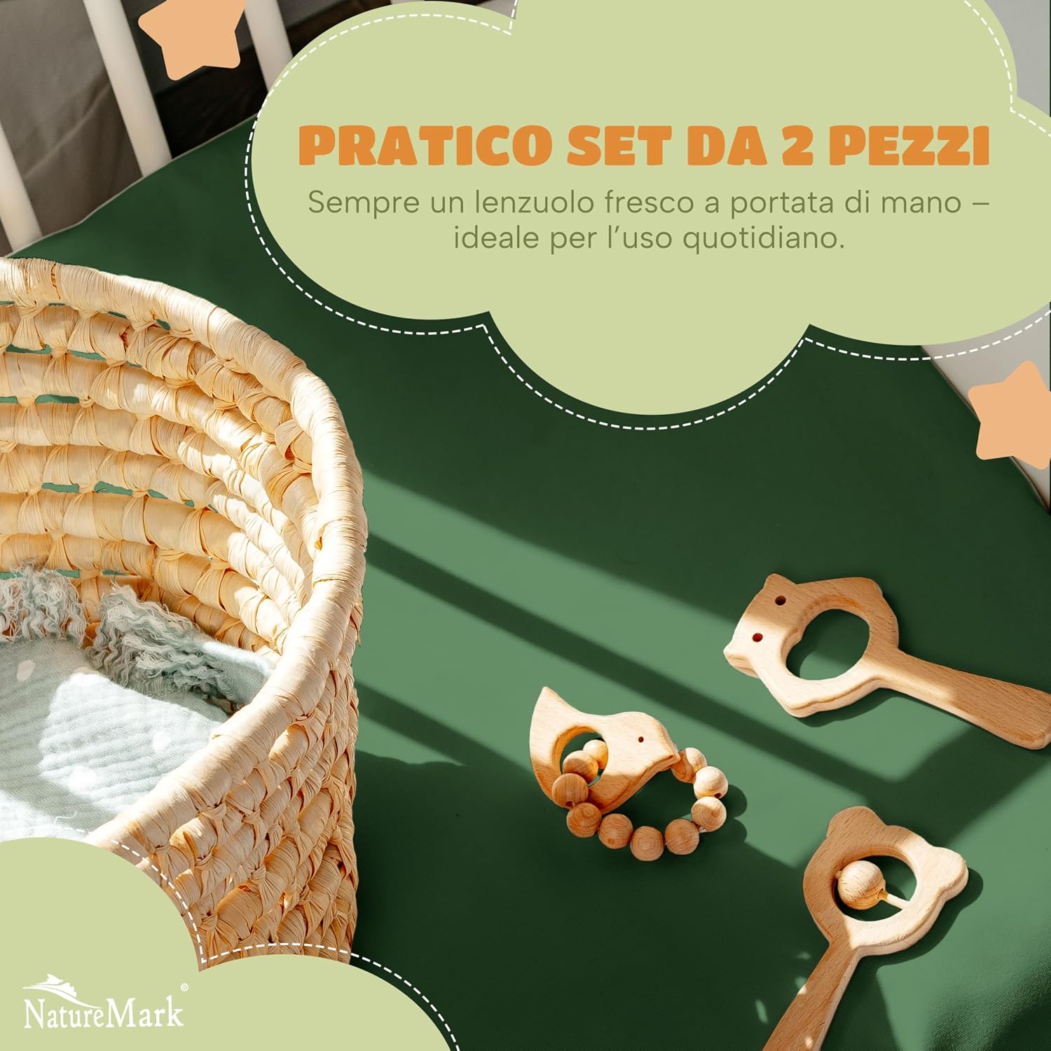 Detalle de NatureMark Lenzuolo con angoli elasticizzati 70x140 cm – set da 2 in jersey di cotone 100% verde scuro