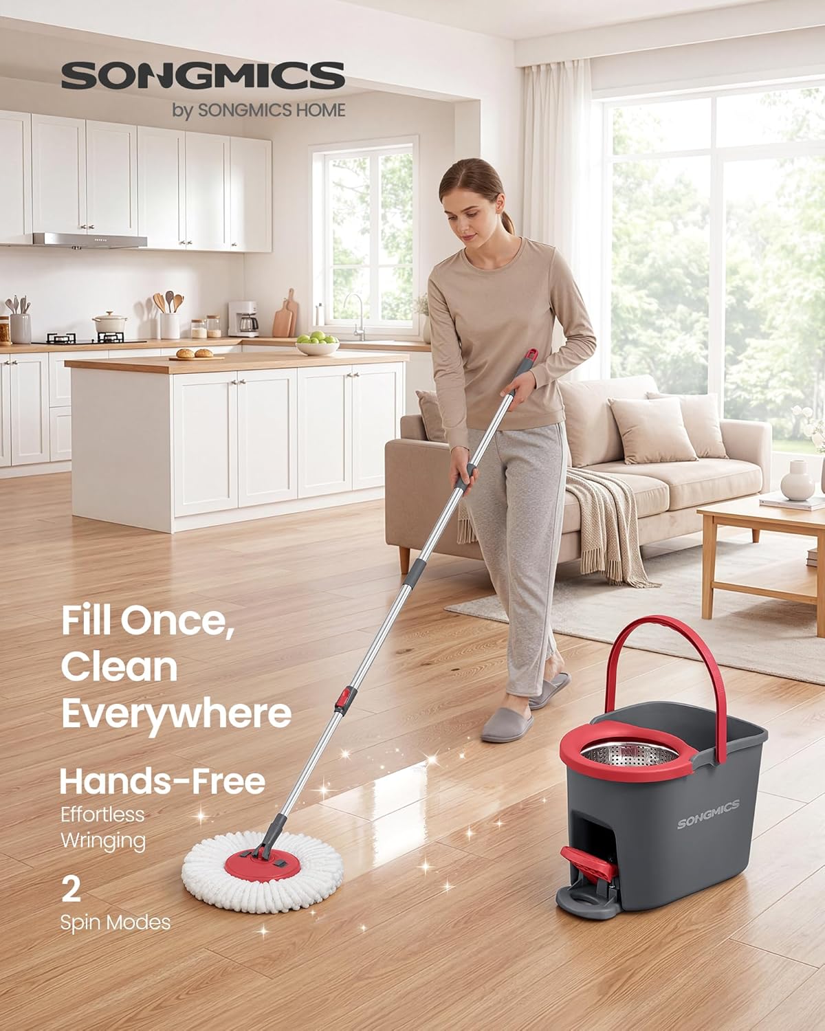 Detalle 2 de SONGMICS Spin Mop Bucket Set with Pedal Wringer (LMB002GT03) – 122.5–150 cm Adjustable Telescopic Handle